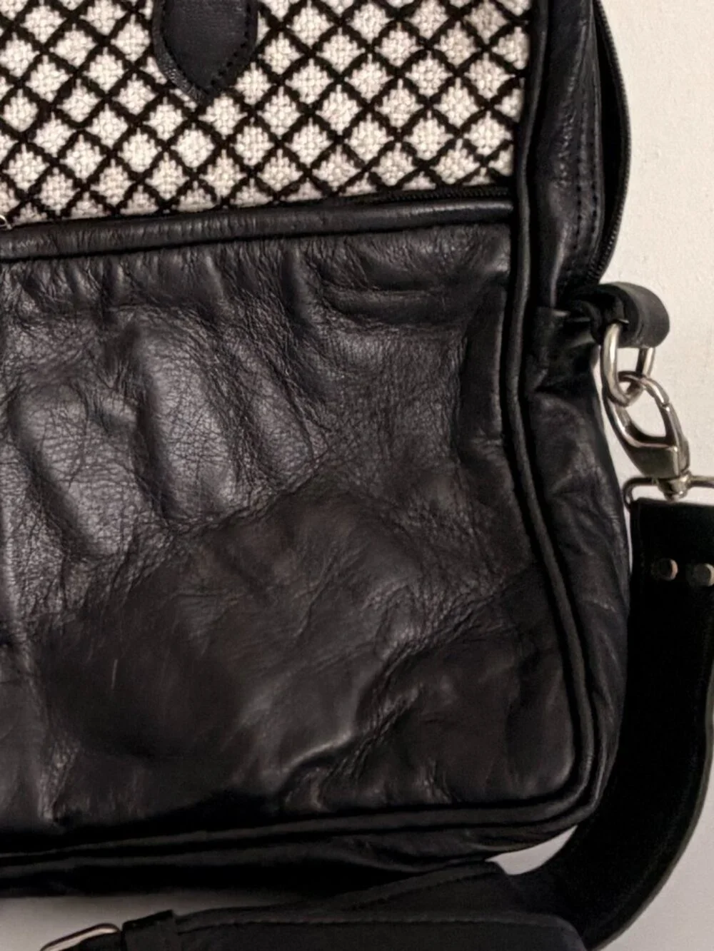 Moroccan Artisan Handmade Leather Briefcase & Inset Handwoven Rug Pattern